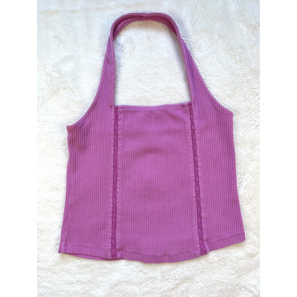 American Eagle Halter Top Women Dusty Rose Ribbed Crochet Lace Trim -Medium